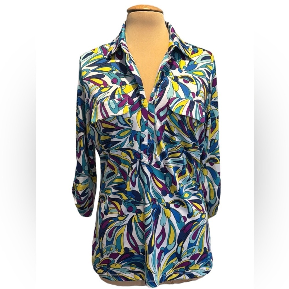 E39 by Eric Psychedelic Retro Print Multicolored blue purple tab silky blouse S